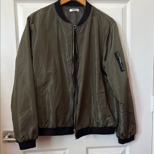 Green Bomber Jacket with Black Trim and Relaxed Fit